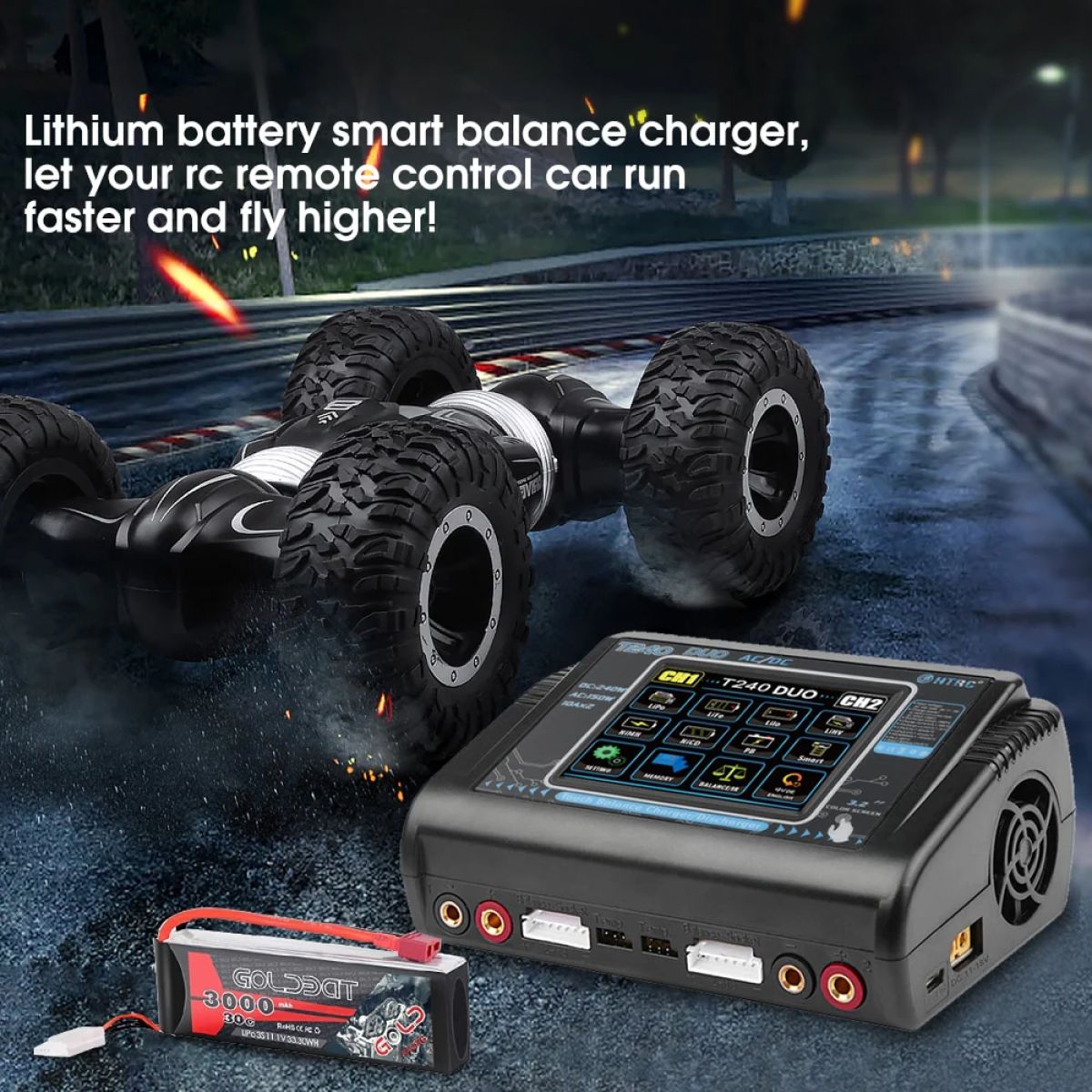 HTRC T240 Duo зарядное устройство для LiPo-аккумуляторов, 2 канала, 150W AC/240W DC, сенсорный экран HTRC T240 Duo зарядное устройство для LiPo-аккумуляторов, 2 канала, 150W AC/240W DC, сенсорный экран