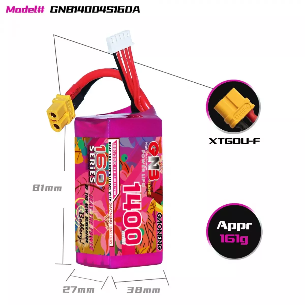 Аккумулятор Lipo GNB 4S 14.8V 1400mAh 160C/320C с разъемом XT60 для дронов Аккумулятор Lipo GNB 4S 14.8V 1400mAh 160C/320C с разъемом XT60 для дронов