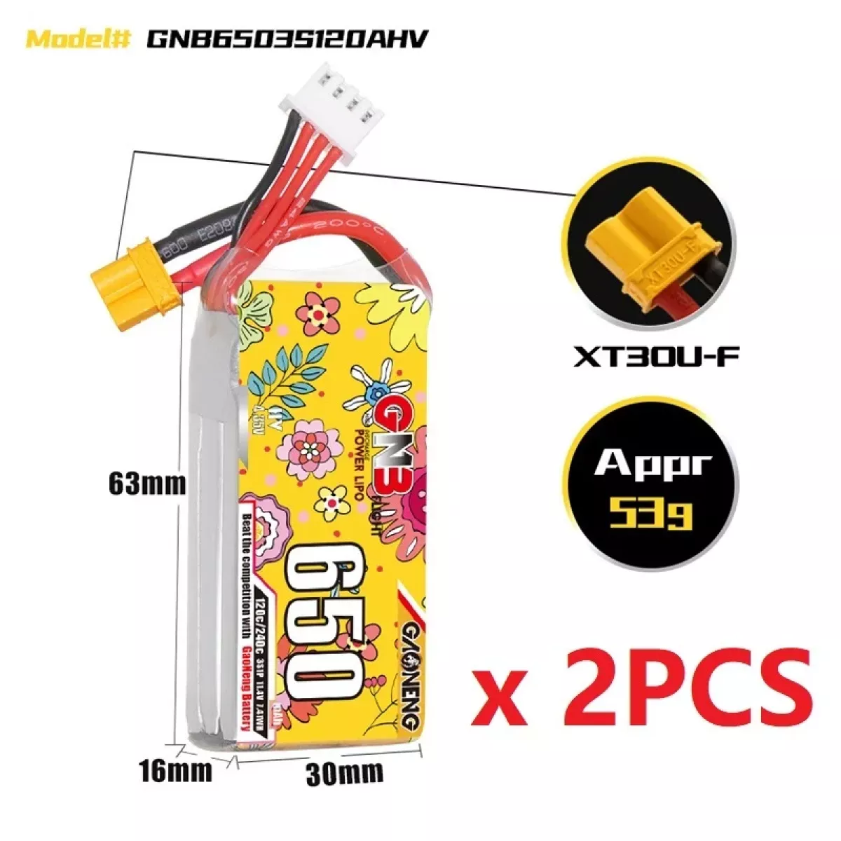 Аккумулятор Gaoneng GNB Lipo 650mAh 120C/240C 2S-8S с разъёмом XT30 для дронов Аккумулятор Gaoneng GNB Lipo 650mAh 120C/240C 2S-8S с разъёмом XT30 для дронов
