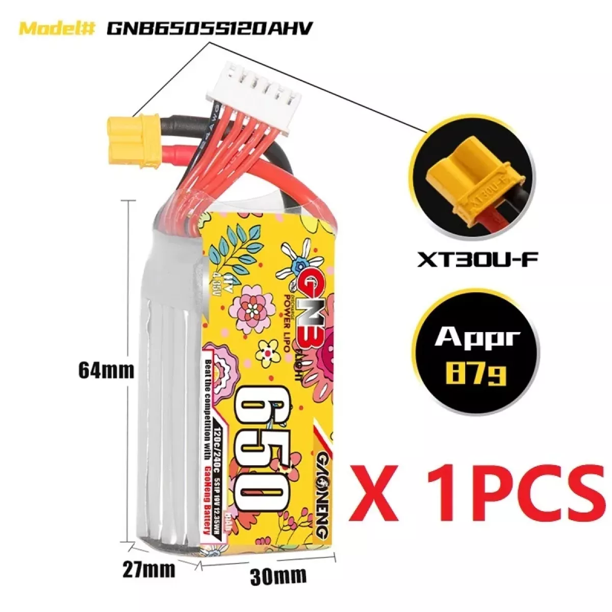 Аккумулятор Gaoneng GNB Lipo 650mAh 120C/240C 2S-8S с разъёмом XT30 для дронов Аккумулятор Gaoneng GNB Lipo 650mAh 120C/240C 2S-8S с разъёмом XT30 для дронов