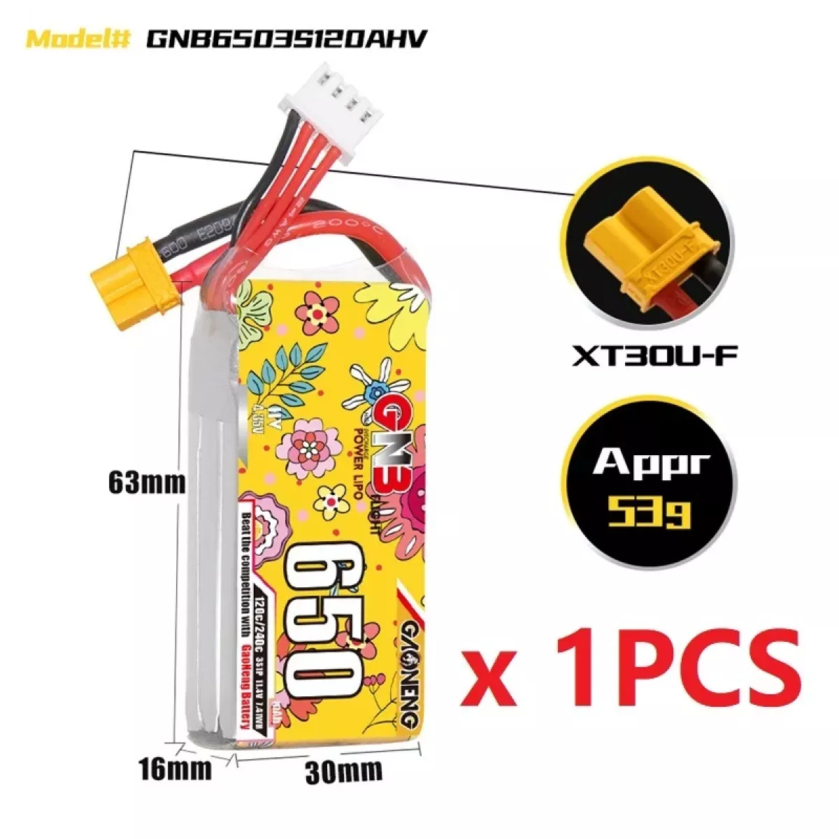 Аккумулятор Gaoneng GNB Lipo 650mAh 120C/240C 2S-8S с разъёмом XT30 для дронов Аккумулятор Gaoneng GNB Lipo 650mAh 120C/240C 2S-8S с разъёмом XT30 для дронов